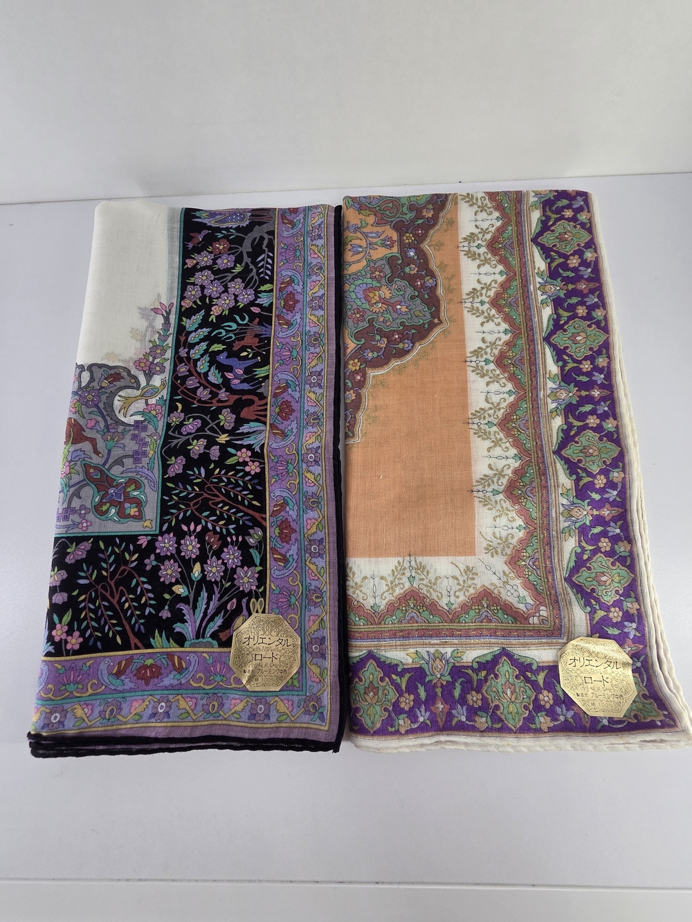 Oriental Floral Cotton Small Scarves/ Handkerchiefs (2-piece Set)